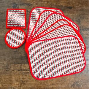 Vintage Quilted, Red and White Striped Holly Holiday Placemats 6 & 2 Hot Pads.